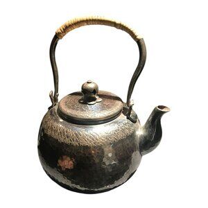 Japanese Vintage Hammered Silver Teapot With Makers Mark & Wicker Handle